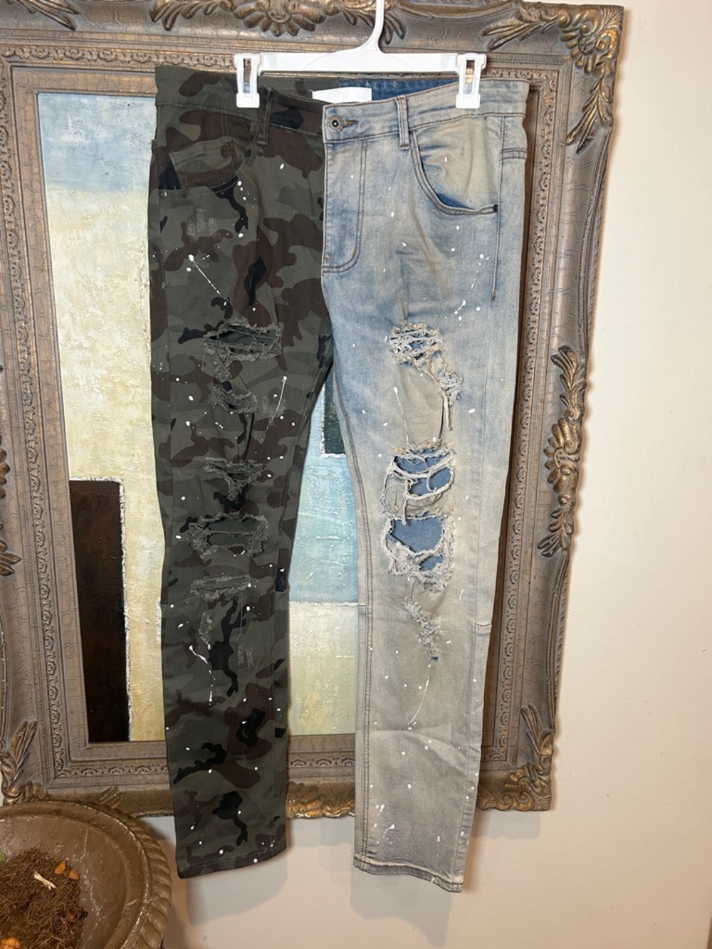 Split-Panel Skinny Jeans in Olive Camo & Light Gray - Men